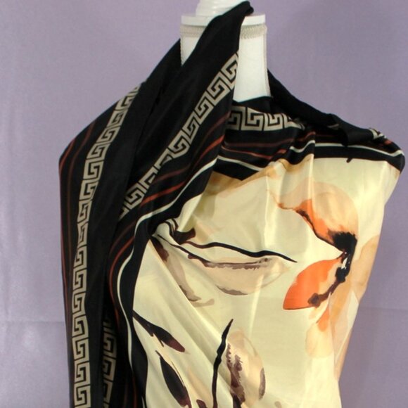 Aldo Floral Print Scarf – Black Border with Greek Key Trim, Oversized Wrap Shawl - Picture 1 of 7